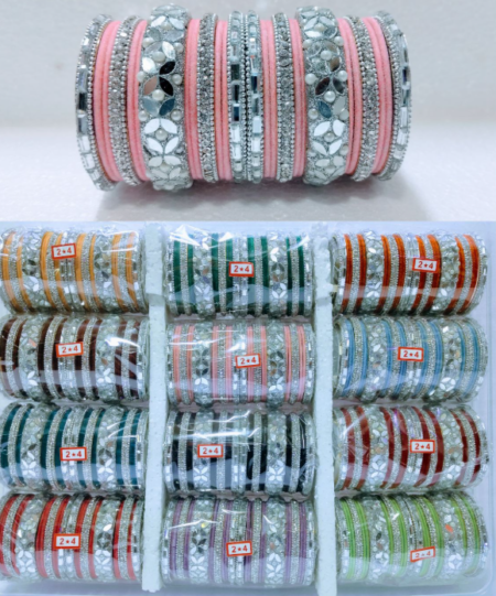 Elegant Designer Bridal Glass Bangles Set with Mirror & Stone Work (Multi-Color Options