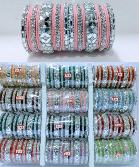 Elegant Designer Bridal Glass Bangles Set with Mirror & Stone Work (Multi-Color Options