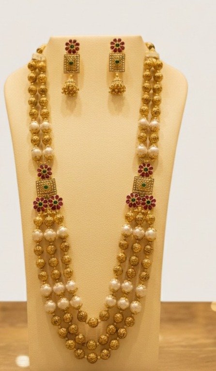 Elegant Traditional Gold-Plated Pearl Beaded Long Necklace Set with Jhumka Earrings