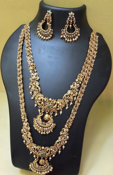 Traditional Indian Gold Plated Bridal Necklace Set with Earrings | Temple Style Layered Jewelry | South Indian Wedding Jewelry