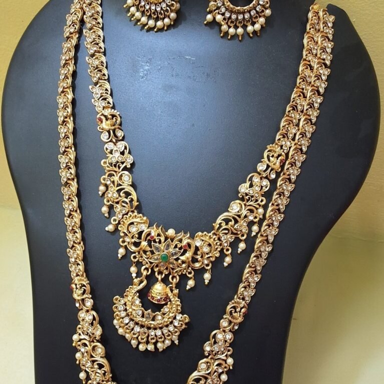 Traditional Indian Gold Plated Bridal Necklace Set with Earrings | Temple Style Layered Jewelry | South Indian Wedding Jewelry