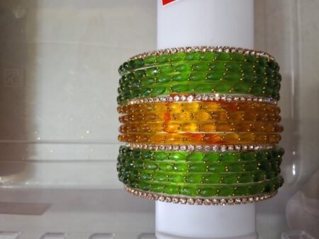 Green & Amber Traditional Indian Bangle Set | Gold Tone Rhinestone Bangles | Ethnic Bridal & Festival Jewelry