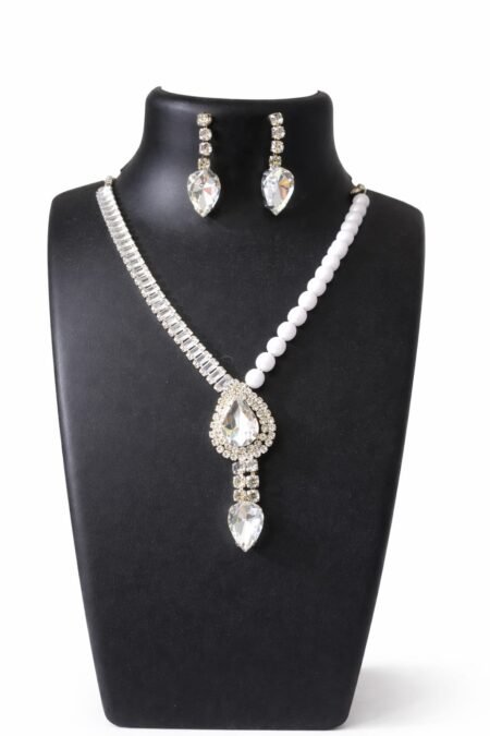 Elegant White Crystal & Beaded Pendant Necklace Set with Earrings