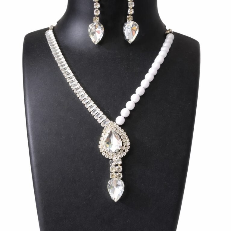 Elegant White Crystal & Beaded Pendant Necklace Set with Earrings