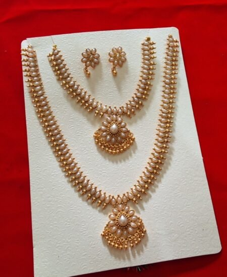 Royal Pearl Drop Layered Gold Necklace Set with Matching Earrings