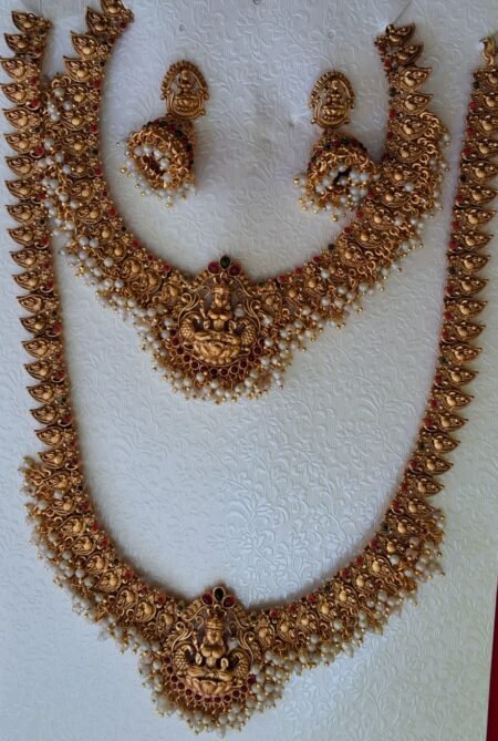 Rajwado Bridal Long & Short Necklace Set with Pearl Moti & Temple Design Earrings
