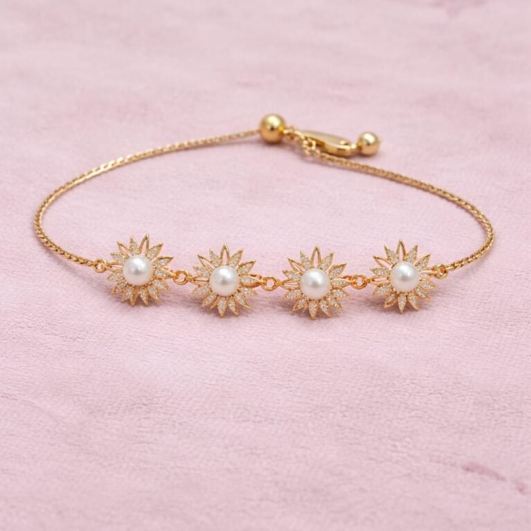 Elegant Pearl Sunburst Bracelet – Gold Plated CZ Jewelry