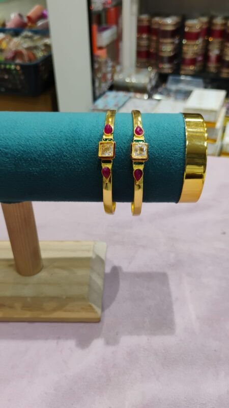 Elegant Gold Bangles with Ruby & Stone Square Design
