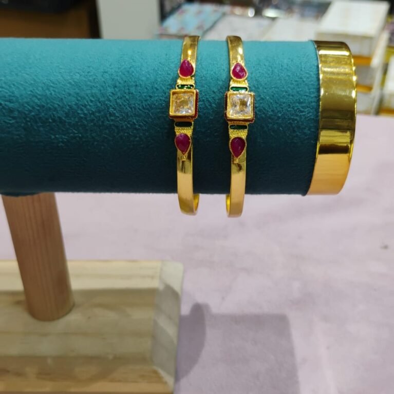 Elegant Gold Bangles with Ruby & Stone Square Design