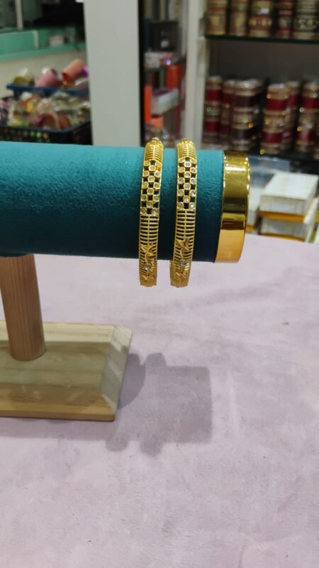 Classic Gold Bangles with Stone Studded Grid & Leaf Design