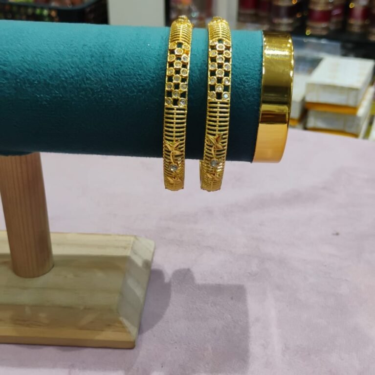 Classic Gold Bangles with Stone Studded Grid & Leaf Design