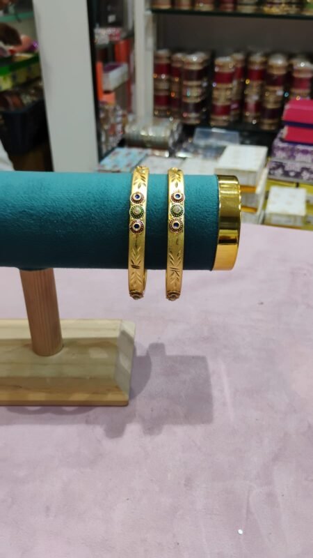Traditional Gold Bangles with Multi-Color Stone & Leaf Engraving