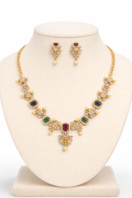 Elegant Multicolor Gemstone Gold Necklace Set with Pearl Drops