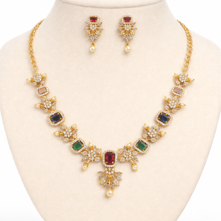 Elegant Multicolor Gemstone Gold Necklace Set with Pearl Drops