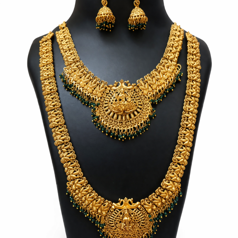 Traditional Antique Gold Necklace Set with Temple Design