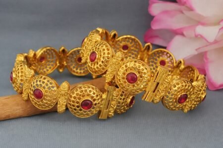 Elegant Antique Gold Plated Ruby Stone Floral Bracelet