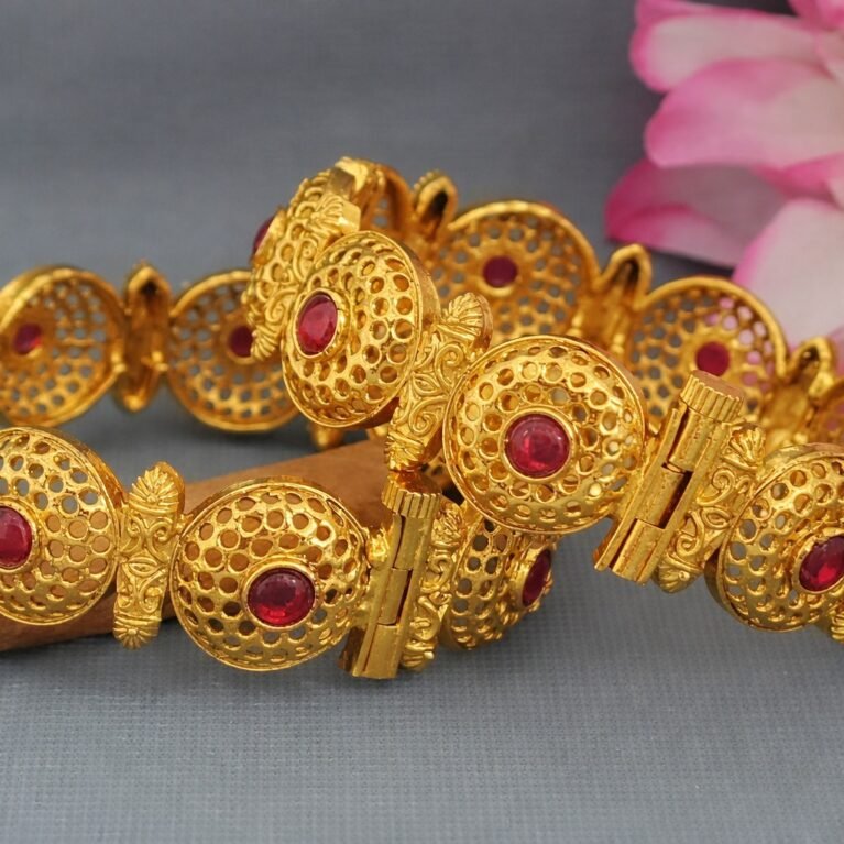 Elegant Antique Gold Plated Ruby Stone Floral Bracelet