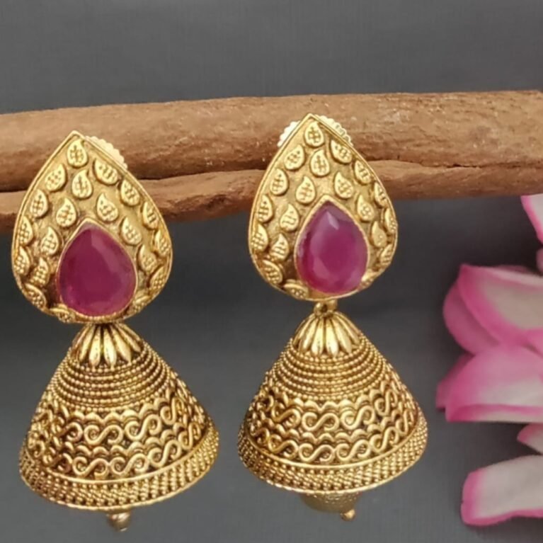 Traditional Gold-Plated Ruby Drop Jhumka Earrings