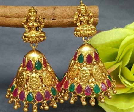 Temple Design Gold-Plated Lakshmi Jhumka Earrings with Multi-Color Stones