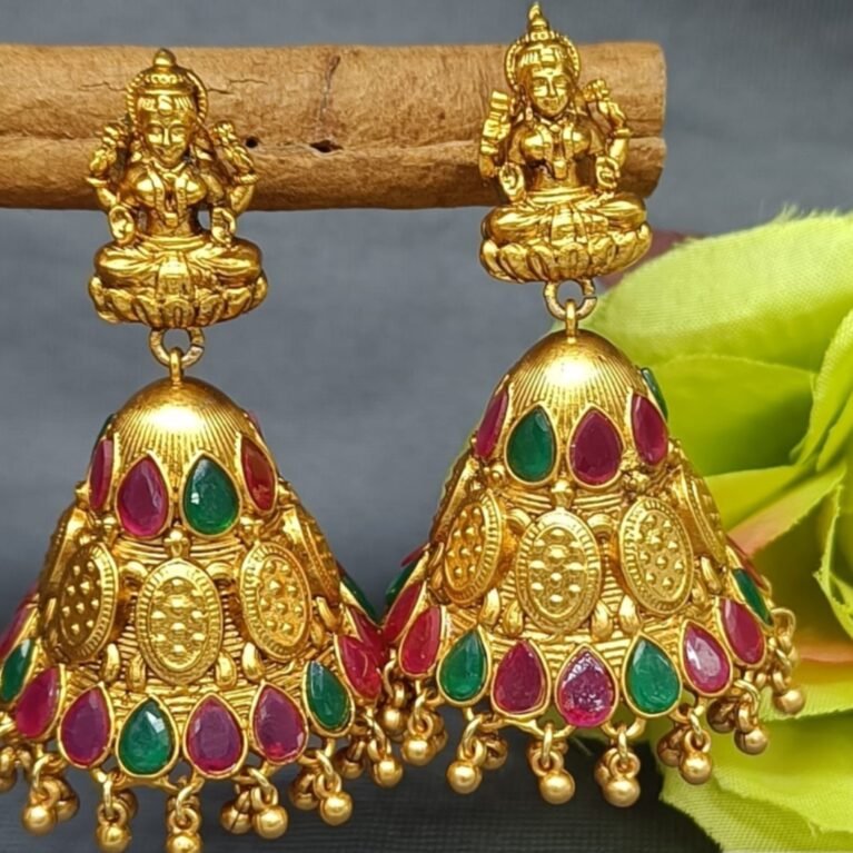 Temple Design Gold-Plated Lakshmi Jhumka Earrings with Multi-Color Stones