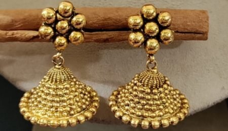 Elegant Gold Beaded Jhumka Earrings – Traditional Designer Drop Earrings