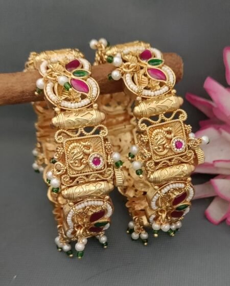 Antique Gold Designer Bangles with Kundan Stones & Pearl Drops