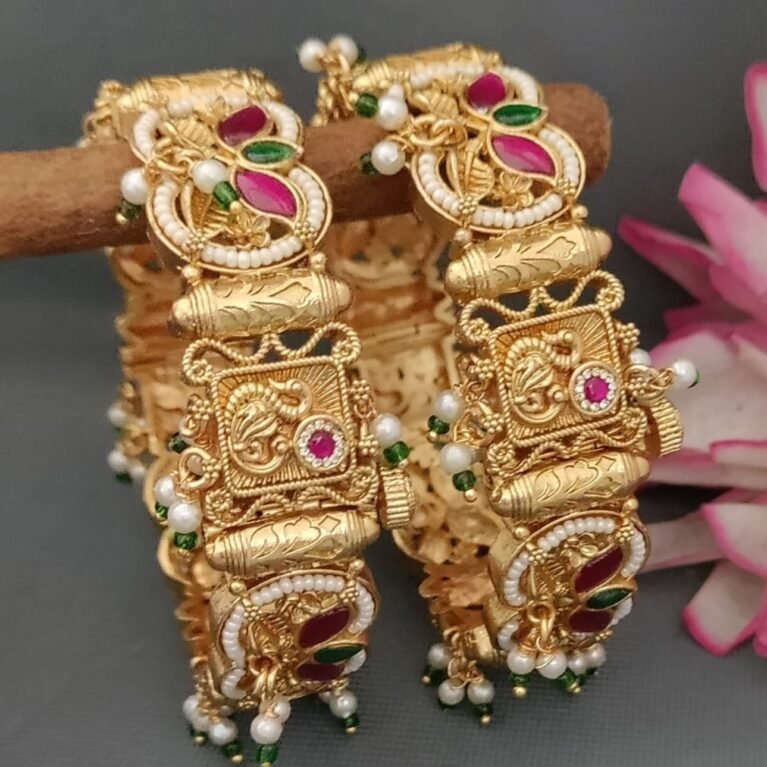 Antique Gold Designer Bangles with Kundan Stones & Pearl Drops
