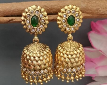 Elegant Gold-Plated Green Stone Jhumka Earrings