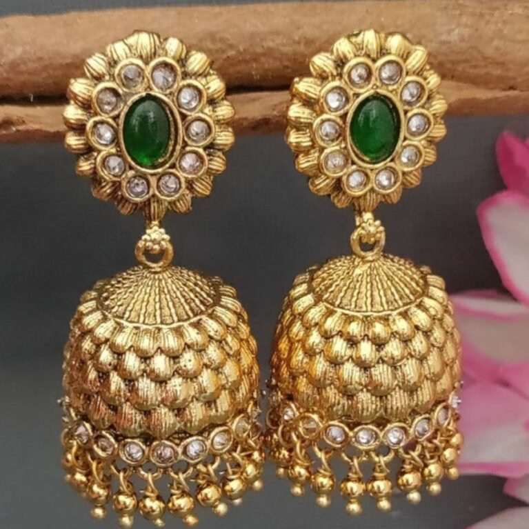 Elegant Gold-Plated Green Stone Jhumka Earrings
