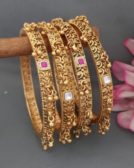Antique Gold Filigree Bangles Set with Stone Studs & Hanging Beads