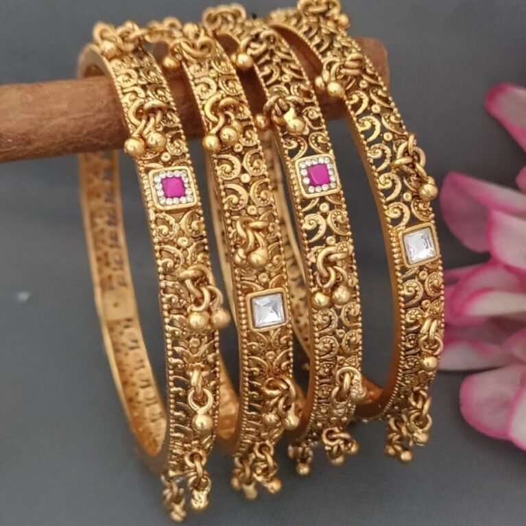 Antique Gold Filigree Bangles Set with Stone Studs & Hanging Beads