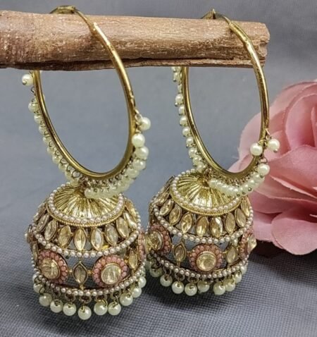 Gold Hoop Jhumka Earrings with Pearl Drops & Stone Embellishments