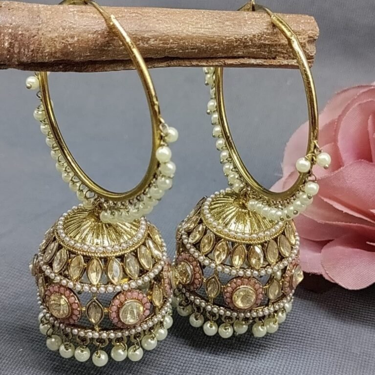 Gold Hoop Jhumka Earrings with Pearl Drops & Stone Embellishments