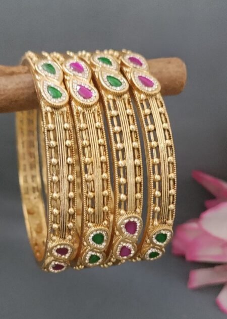 Elegant Gold Bangles Set with Ruby & Emerald Stone Accents