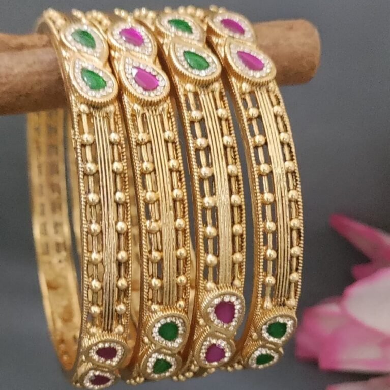 Elegant Gold Bangles Set with Ruby & Emerald Stone Accents
