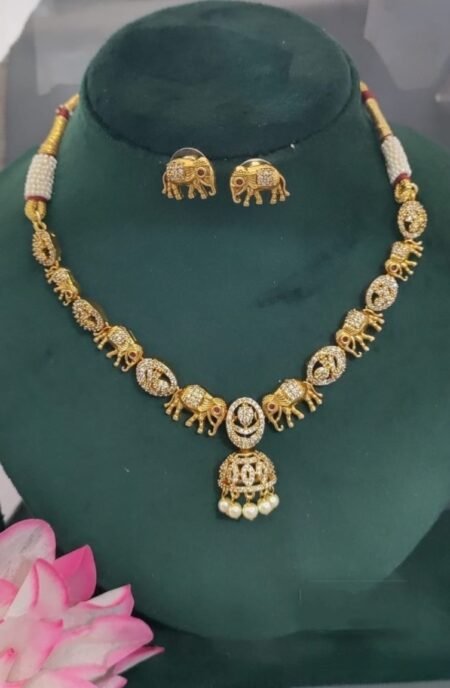 Traditional Elephant Motif Gold-Plated Necklace Set with Pearl Drops