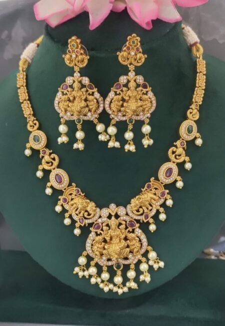 Elegant Temple Lakshmi Gold-Plated Necklace Set with Pearl Drops