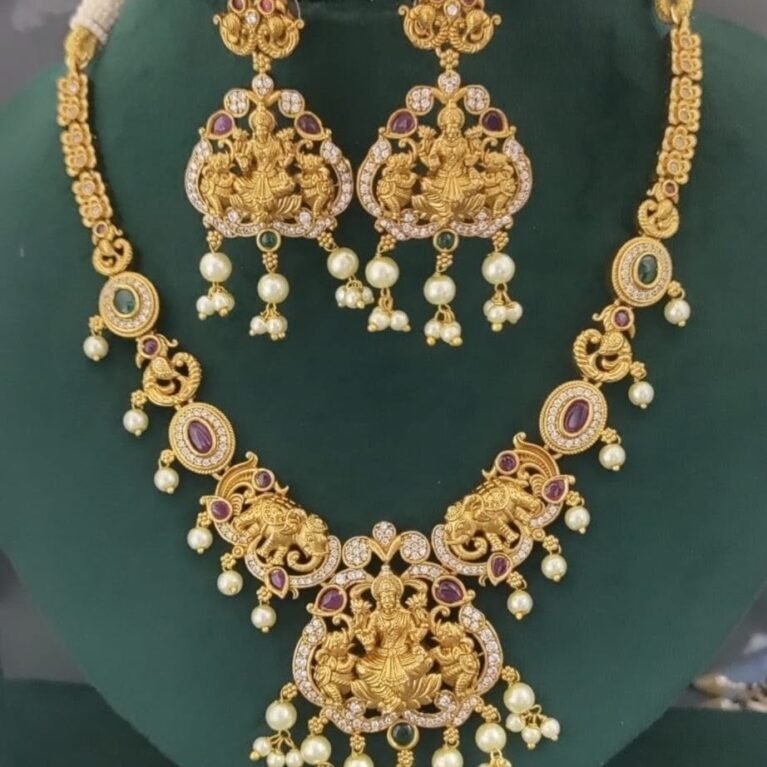 Elegant Temple Lakshmi Gold-Plated Necklace Set with Pearl Drops