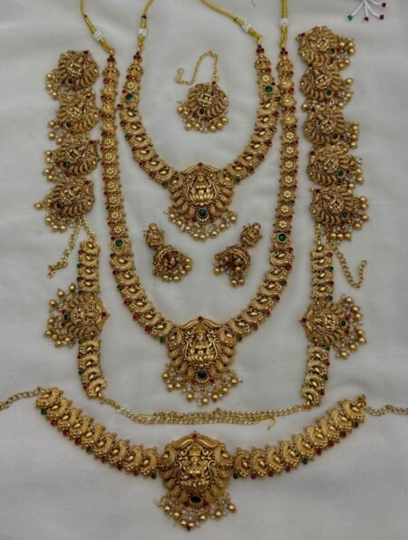 Grand Bridal Lakshmi Temple Jewelry Combo Set with Multi-Layer Necklace & Waist Belt