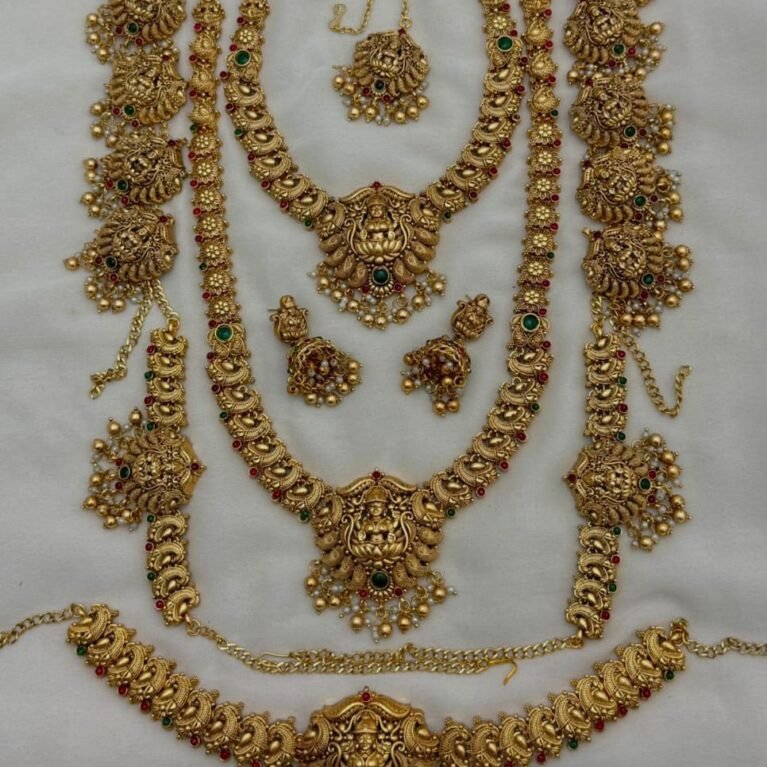 Grand Bridal Lakshmi Temple Jewelry Combo Set with Multi-Layer Necklace & Waist Belt