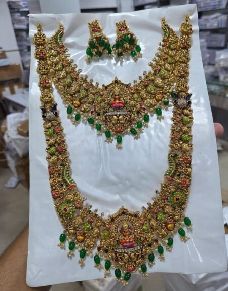 Premium Lakshmi Temple Jewelry Set with Green Stones & Peacock Motifs