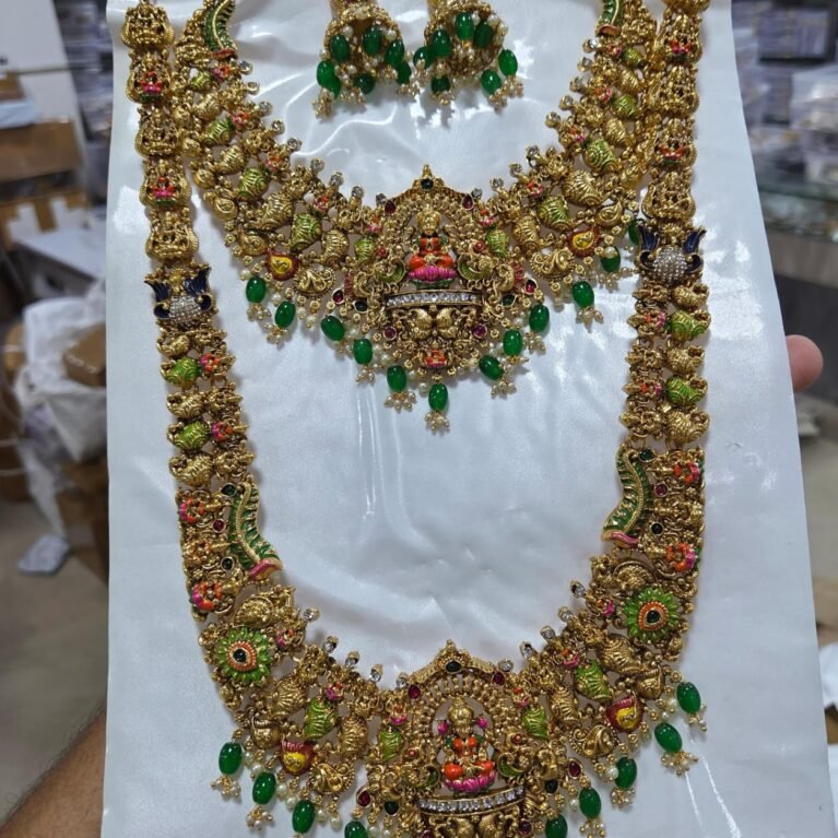 Premium Lakshmi Temple Jewelry Set with Green Stones & Peacock Motifs