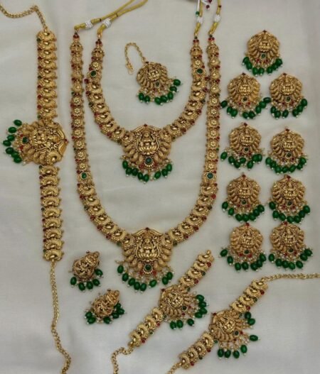 Premium Lakshmi Temple Jewelry Set with Green Stones & Peacock Motifs