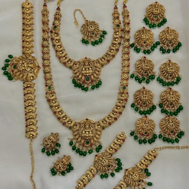 Premium Lakshmi Temple Jewelry Set with Green Stones & Peacock Motifs