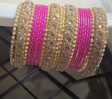 Royal Pink & Gold Bridal Bangle Set with Stone and Pearl Work