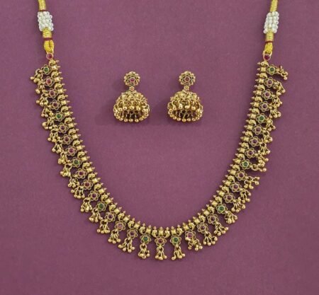 Traditional Temple Design Gold-Plated Necklace Set with Floral Motifs & Jhumka Earrings