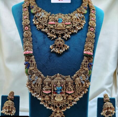 Antique Finish Lakshmi Temple Long Necklace Set with Elephant & Peacock Motifs