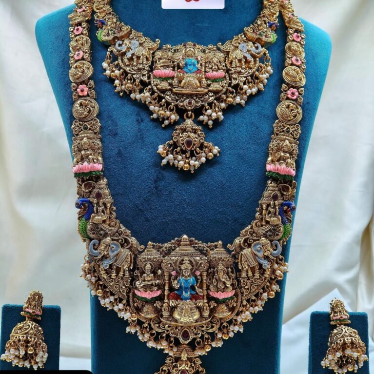 Antique Finish Lakshmi Temple Long Necklace Set with Elephant & Peacock Motifs