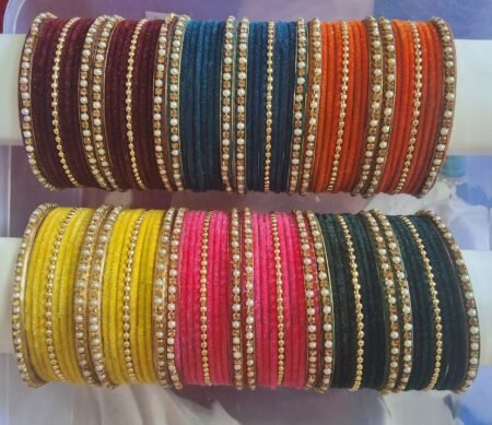 Colorful Velvet Thread Bangles Set with Stone & Pearl Detailing for Women
