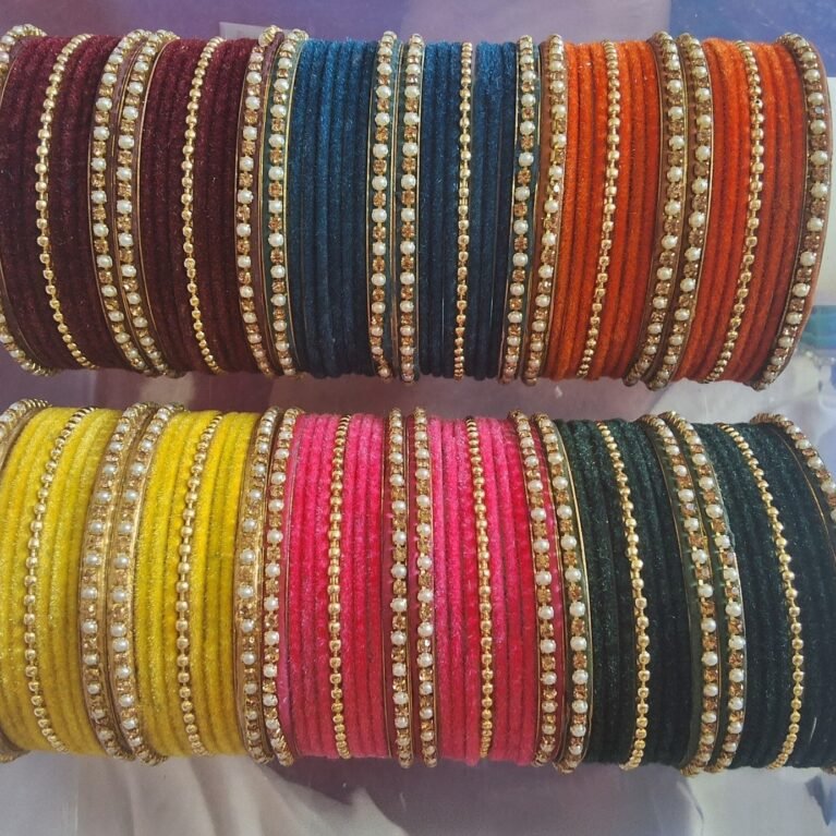 Colorful Velvet Thread Bangles Set with Stone & Pearl Detailing for Women